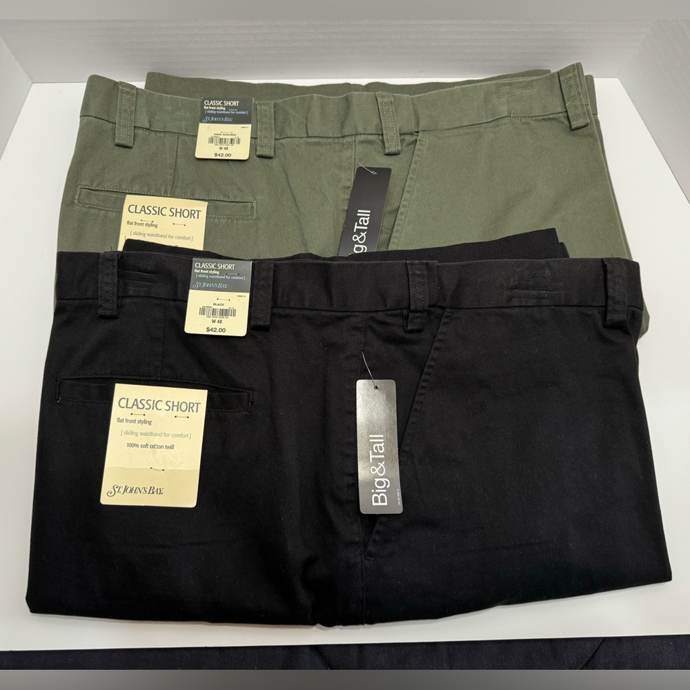 NWT TWO (2) PAIRS ST. JOHN’S BAY BIG & TALL CLASSIC SHORTS SIZE 48, FLAT FRONT.